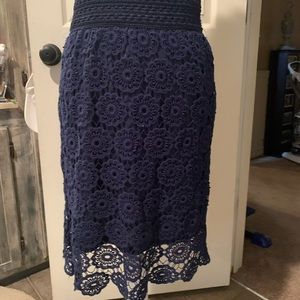 Navy Crocheted Knee Length Skirt